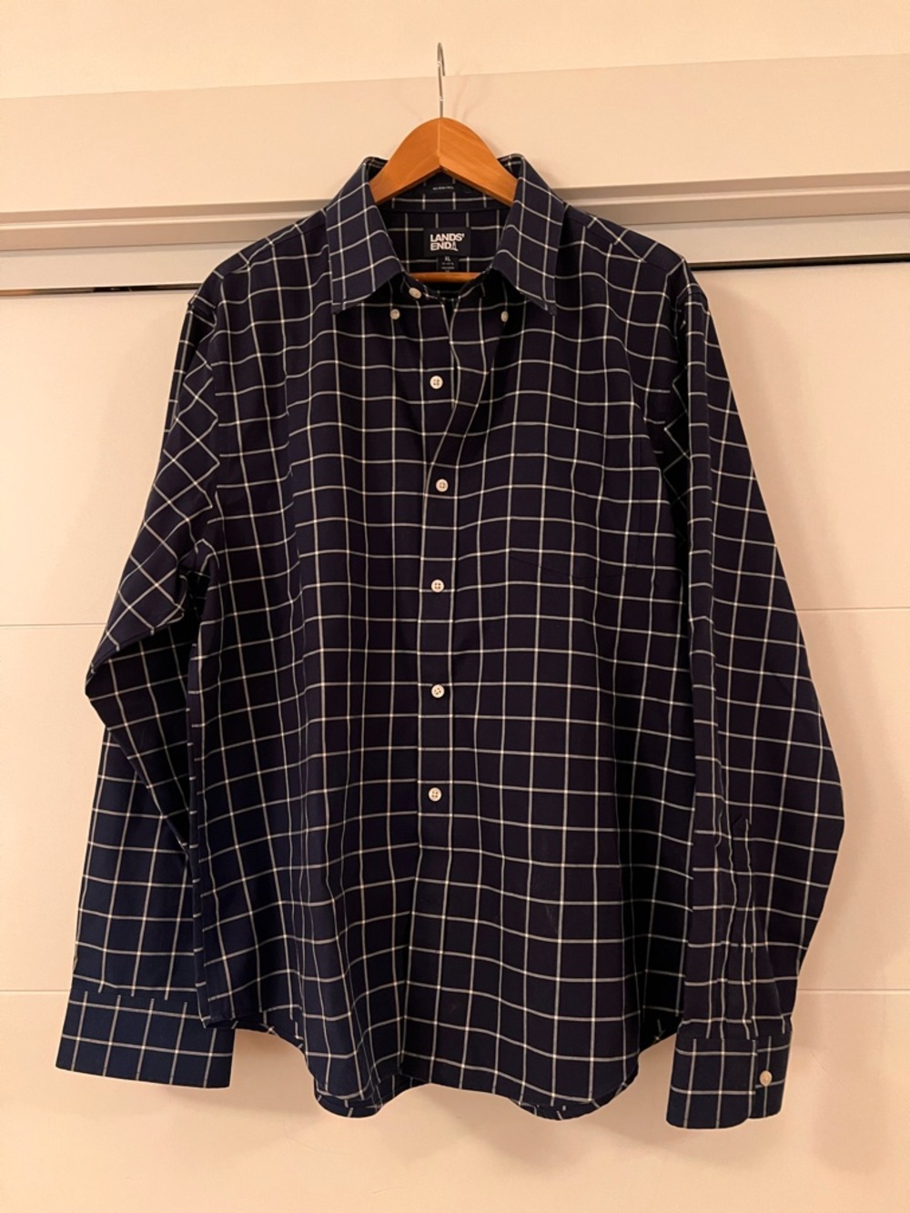 Lands' End Navy Windowpane Dress Shirt with White Grid